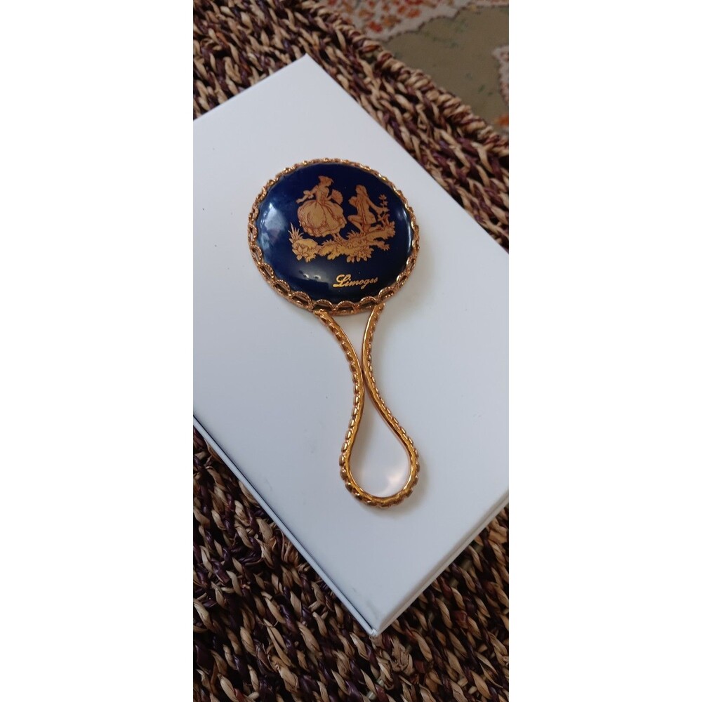 Vintage Limoge Small Hand Mirror Cobalt Glass Lover's Motif